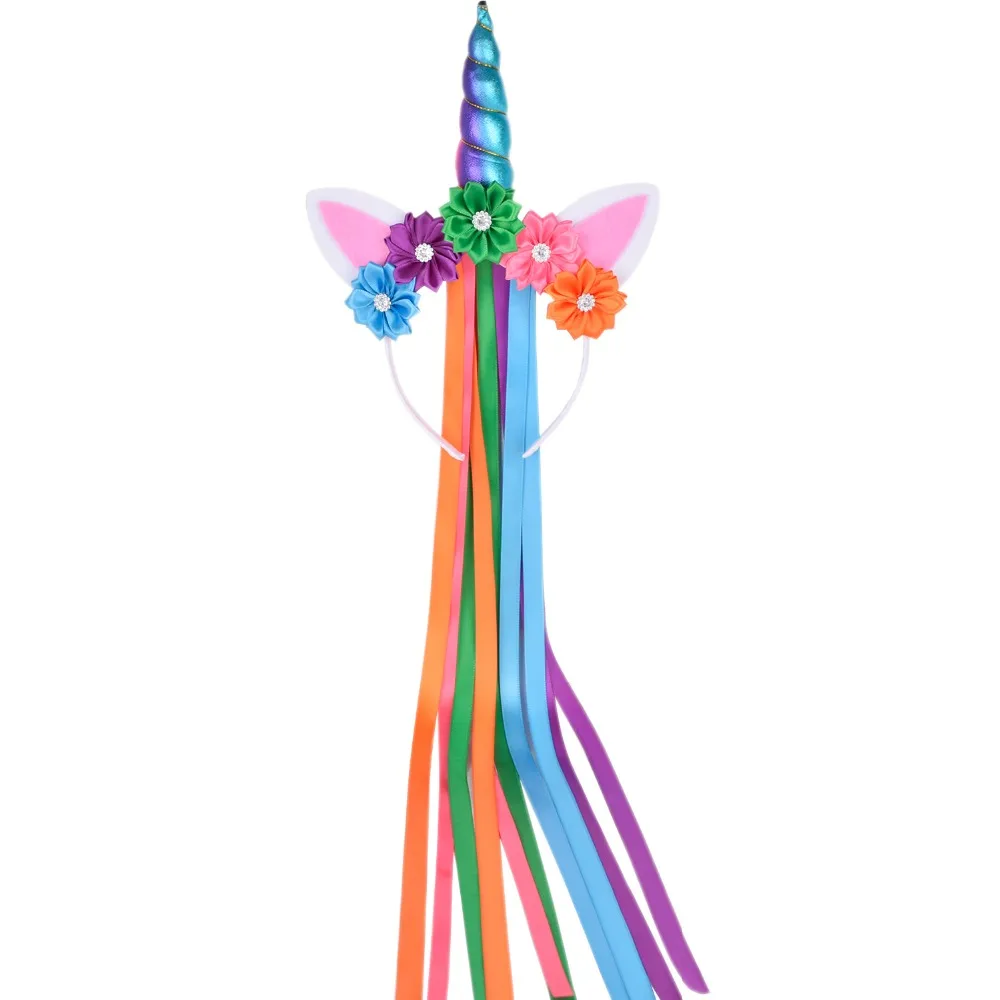 Rainbow Unicorn Headband Girls Toddler Flowers Birthday Party Headbands with Long Ribbon Kids Hair Accessories | Детская одежда и