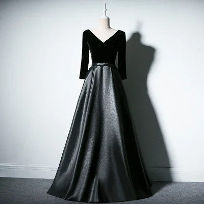 Vestido De Festa вечернее платье одежда с длинным рукавом V Средства ухода за кожей Шеи Атлас официальная Вечеринка платья бордовый Выпускные платья - Цвет: black