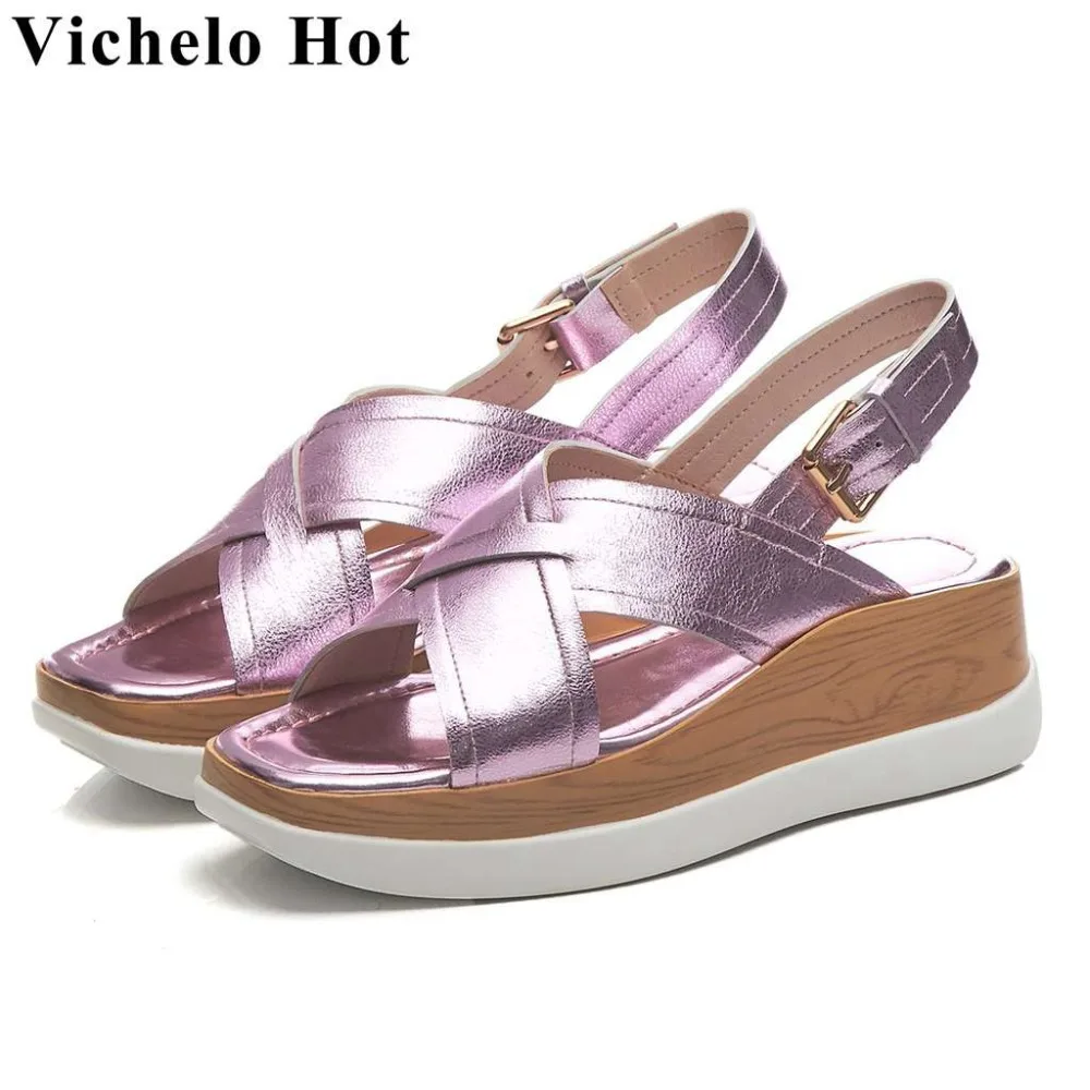 Vichelo/Лидер продаж роскошные женские босоножки из овечьей кожи на танкетке