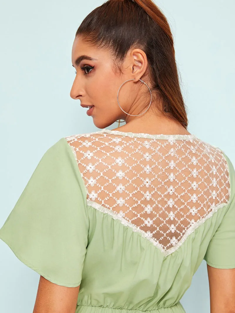 

High Waist Long Jumpsuit Lady Slimming Green Button Casual Jumpsuit 2019 New Lace Stitching Backless Office Wear Loose Jumpsuit