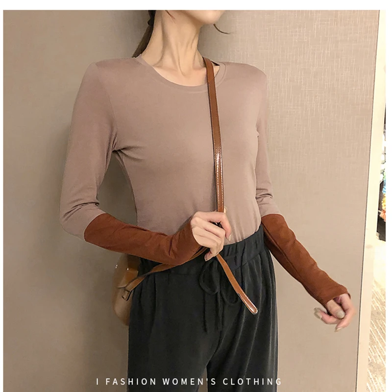 Футболка женская хлопковая с длинным рукавом модная комбинированная одежда в