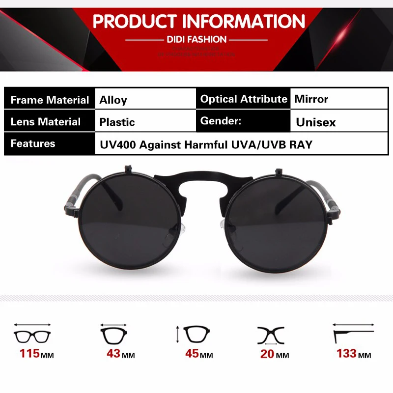 Мужские солнцезащитные очки DIDI SteamPunk готические с круглым зажимом и откидной