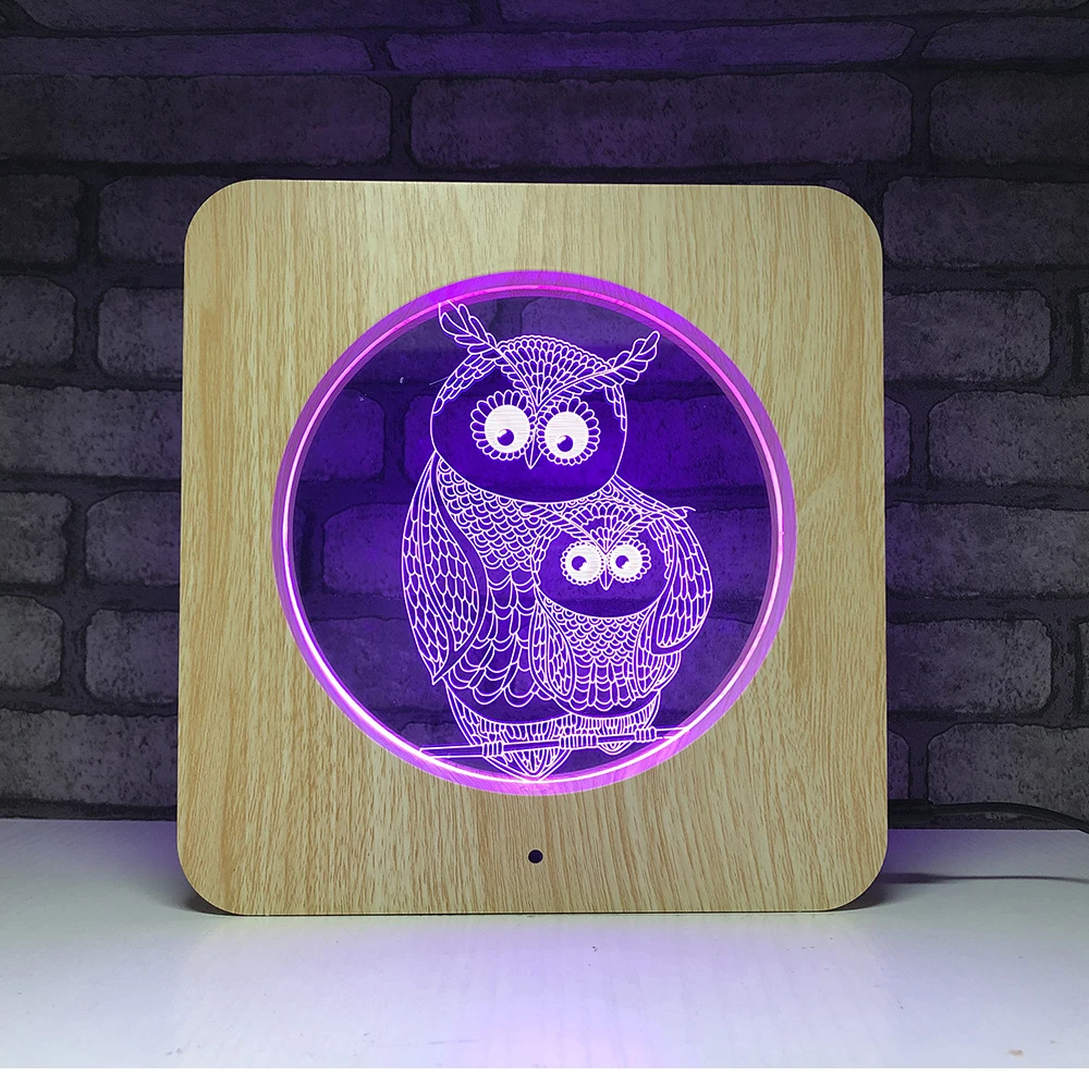 Деревянный милый подарок для девочки Сова Ночник Led 7/1/3 цвета Usb Иллюзия