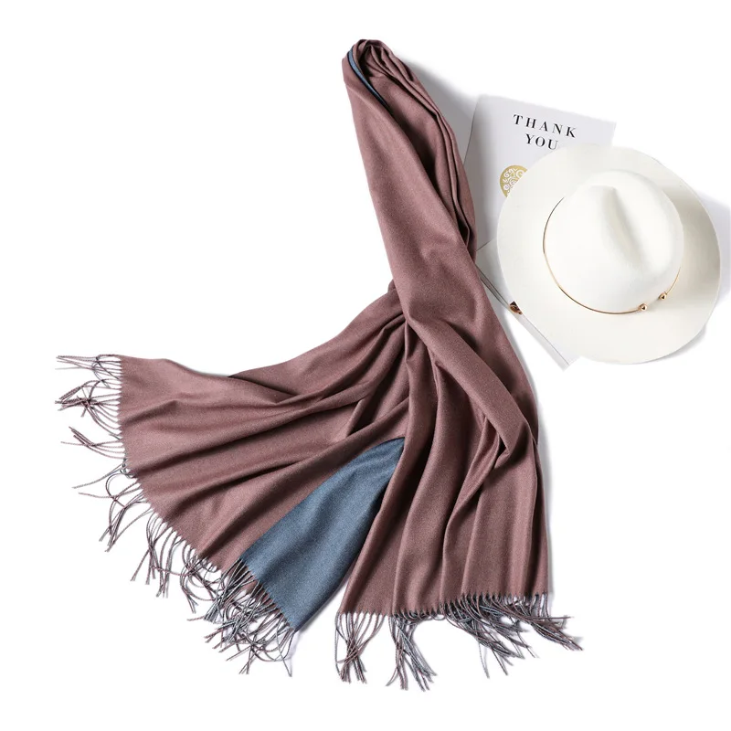 16 Шарф в двух цветах, зимний шарф для женщин, толстые теплые шали и палантины, однотонные кашемировые шарфы, двухсторонние удобные кисточки из пашмины - Цвет: 16