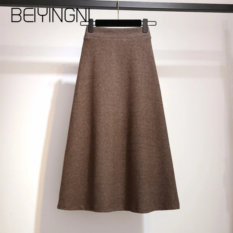 Beiyingni Autumn Knitted High Waist Skirt Women Large Size Vintage Office Lady Faldas Casual Simple A-line Skirts Saia Midi Warm - Цвет: Coffee