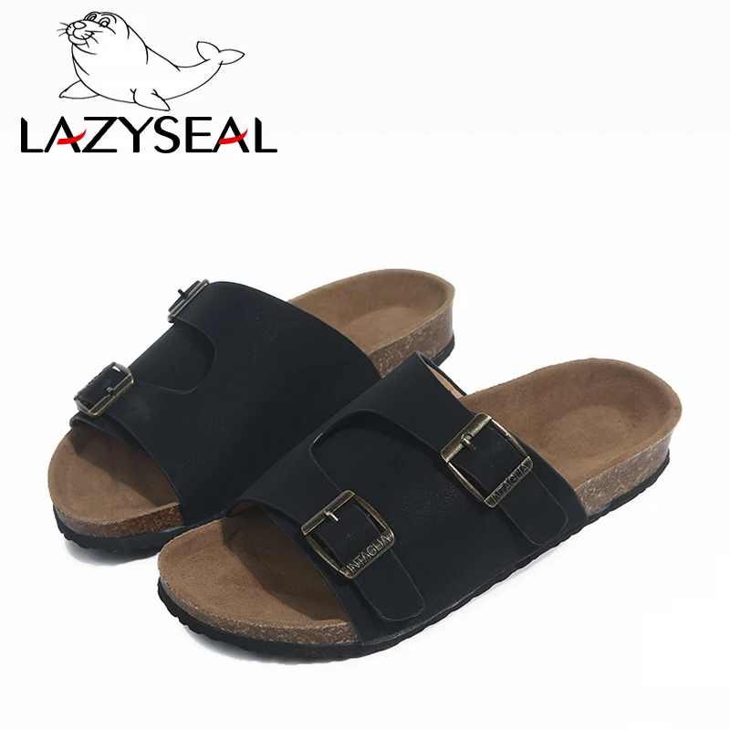 LazySeal/летние пробковые тапочки, женская обувь с пряжкой, шлепанцы, женская обувь, сандалии, вьетнамки, пляжные сандалии на плоской подошве на каблуке, большой размер 44 - Цвет: Black