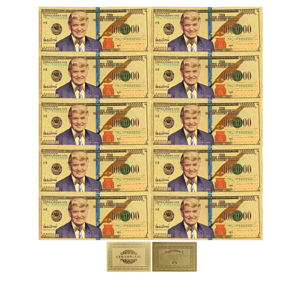

Hot Sale Trump Fake Money 10pcs/lot New Fashion Unique Verson America One Million Dollars Gold Foil Plated Banknote for Gifts