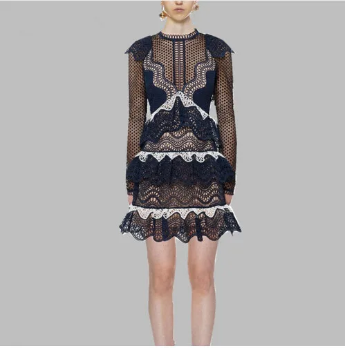

2020 New arrival Womens self portrait Dress High Waist Ruffles Patchwork embroidery Lace Dress vestidos