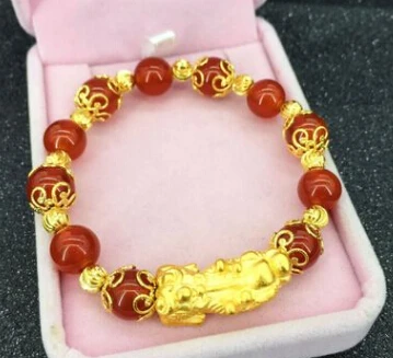 Red Agate Мода песок золото счастливый Pixiu браслет Шарм натуральный красный оникс зеленые халцедоновые бусины браслет женские летние ювелирные изделия оптом - Окраска металла: Red Agate