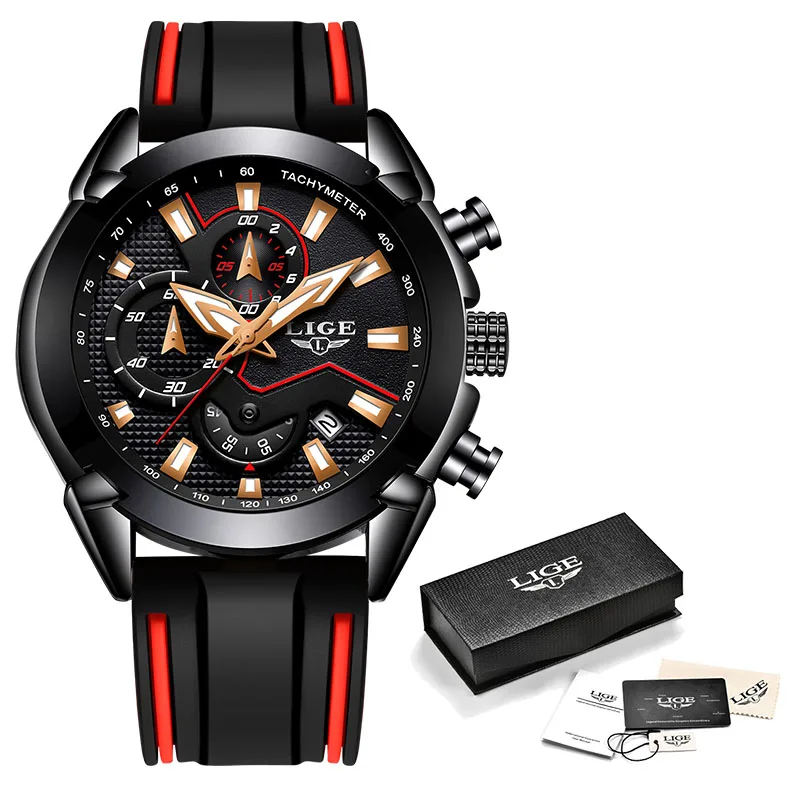 all black Reloj hombre LIGE модные деловые мужские часы лучший бренд роскошный силиконовый ремешок Спортивные кварцевые часы мужские военные хронограф - Цвет: all black