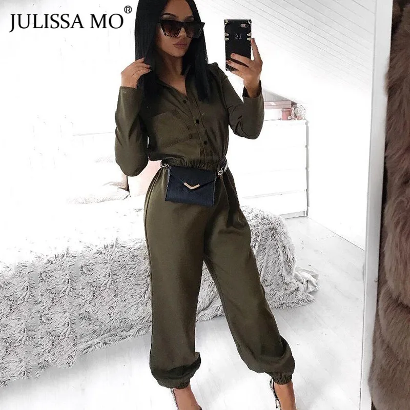 Julissa mo сексуальный бандажный комбинезон с v-образным вырезом, женские комбинезоны с длинным рукавом, поясом и кнопками, широкие штаны, новинка, повседневный свободный спортивный костюм