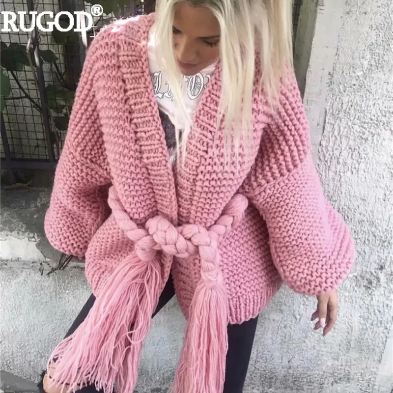 RUGOD, модный кардиган ручной работы с кисточками и поясом, Женский Осенний Свободный вязаный свитер с рукавами-фонариками, кардиганы, вязаное пальто