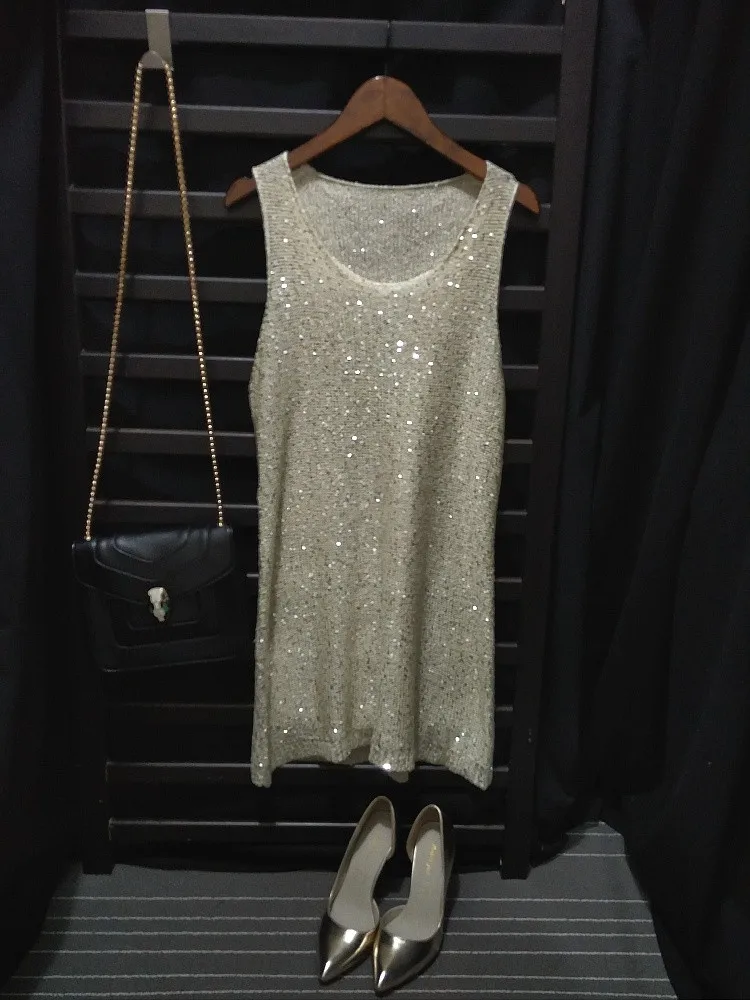 Cakucool женское летнее вязаное платье с блестками, облегающее, Vestido, сексуальное, с большим круглым вырезом, без рукавов, повседневное платье, шикарные вечерние Клубное длинное платье