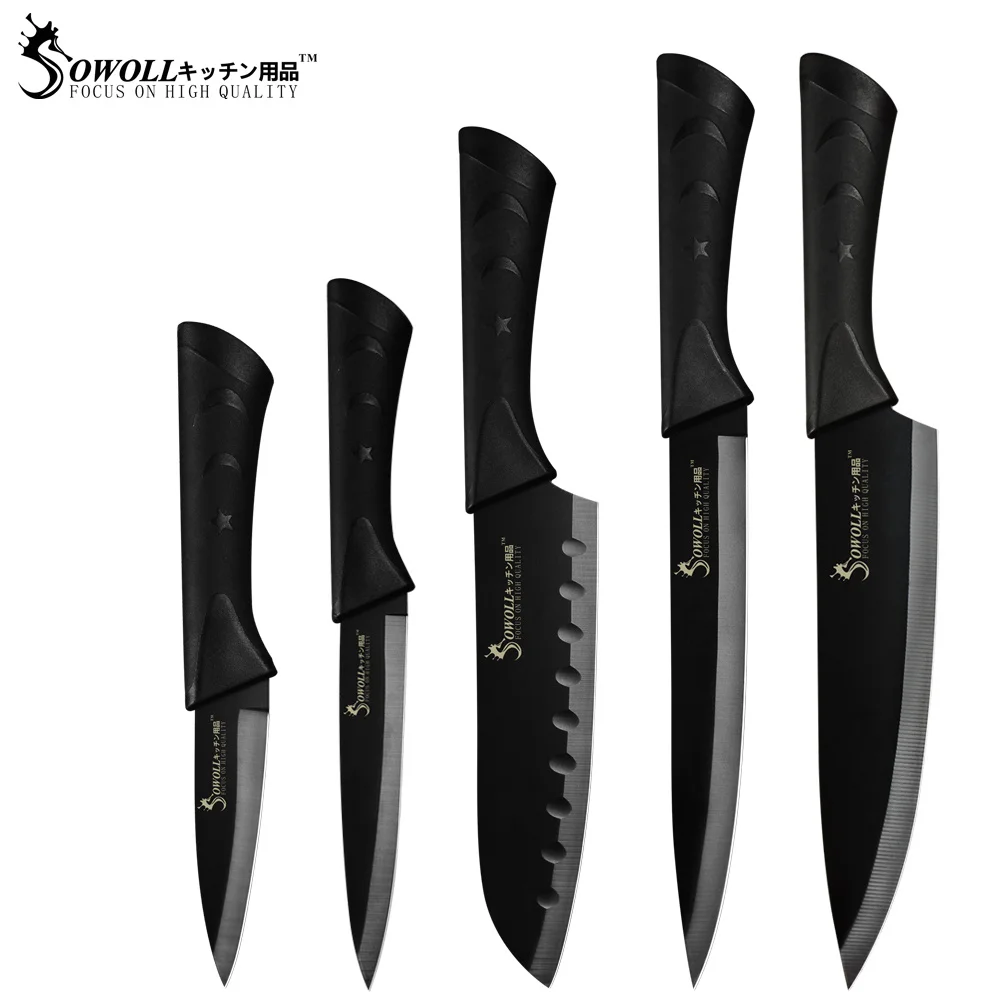 B.5PCS SET Кухонные ножи Sowoll из нержавеющей стали, набор из 6 предметов, острое Черное Лезвие ABS+ ручка TPR, нож для мяса, рыбы, фруктов, аксессуары для приготовления пищи - Цвет: B.5PCS SET