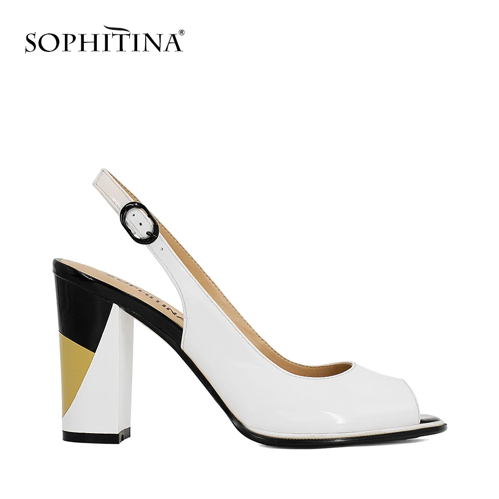 SOPHITINA/Лидер продаж 2019г. Женские босоножки из лакированной кожи, подкладка из свиной кожи. Элегатные дамские сандалии с округленным носком на высоком и толском трехцветном каблуке.Летняя женская обувь на офис. S19