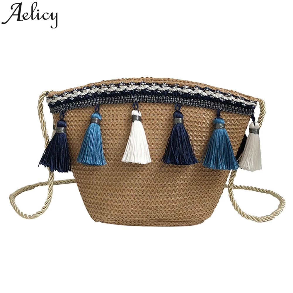 Женские сумки через плечо Aelicy плетеные с кисточками пляжная сумка для мобильного