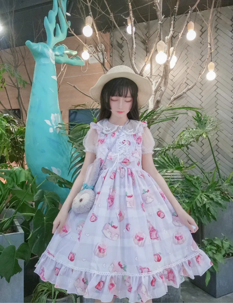 Kawaii японский стиль сарафан Лолита платье сладкая вишня десерт Лолита Повседневное платье без рукавов мягкое платье для девочек