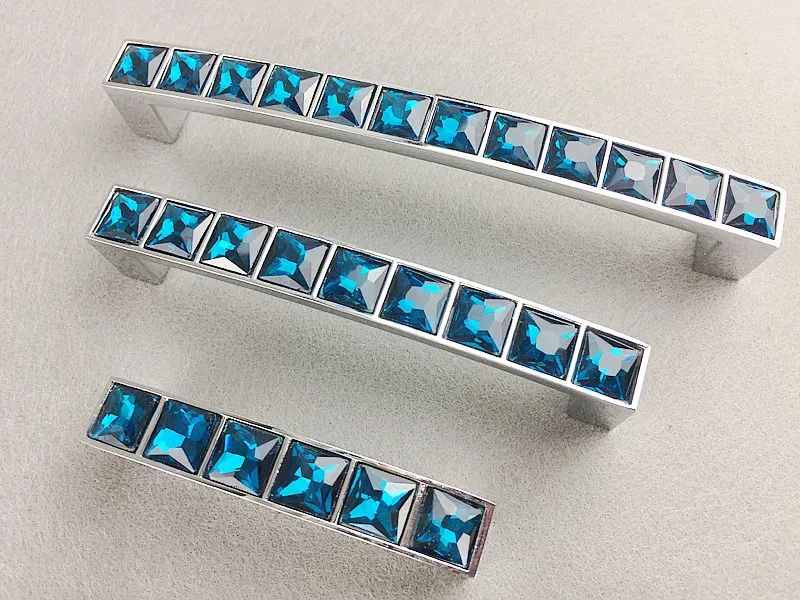 Crystal Glass Peacock Blue Handle 3D Diamond Furniture Sliding Door Drawer Wardrobe Kitchen Cabinets Cupboard Dresser Pull Knobs