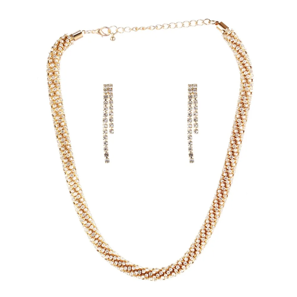 2018 Fashion Colorful Rhinestone Crystal Choker Necklace Drop Earrings Wedding Jewelry Sets Accessories for Women | Украшения и