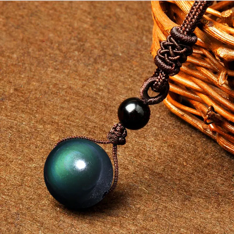 

Black Obsidian Rainbow Eye Beads Ball Natural Stone Necklace Pendant Transfer Lucky Love Crystal Jewelry Free Rope For Women Men