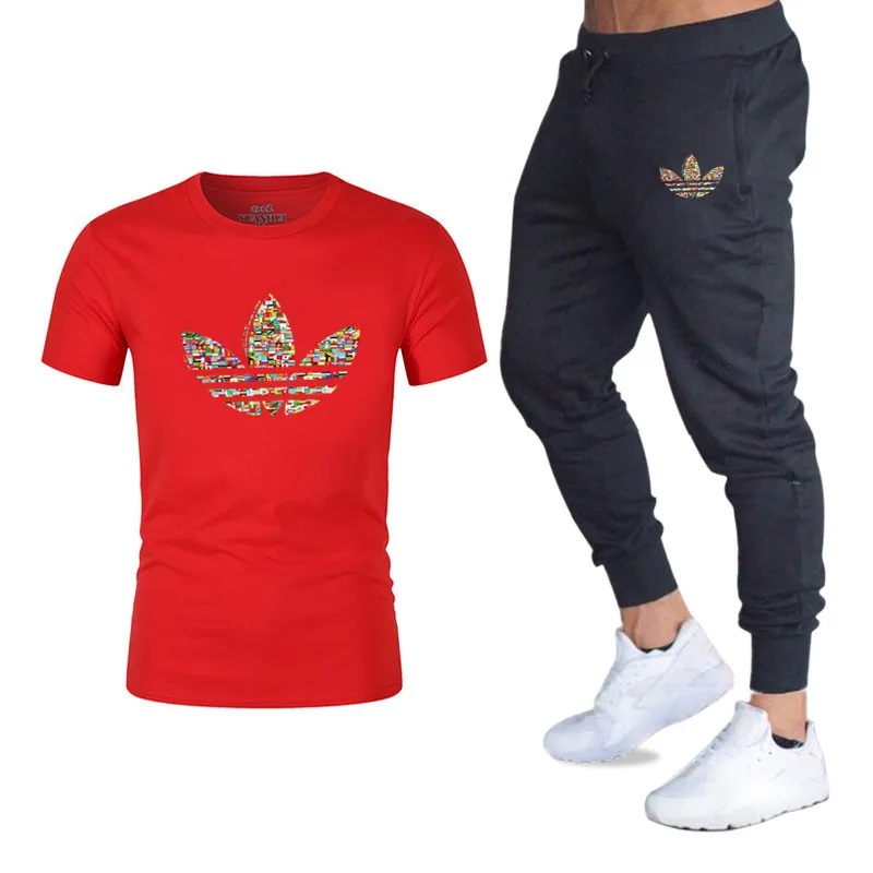 Summer hot running suit T-shirt + pants two-piece casual sportswear men 2019 gym fitness trousers male | Мужская одежда