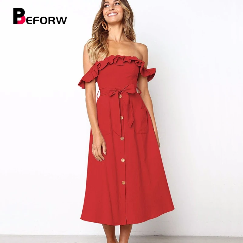 

BEFORW Female Sexy Off Shoulder Party Midi Dress 2021 Women Elegant Ruffles Dresses Vestido Solid Casual Button Summer Dress