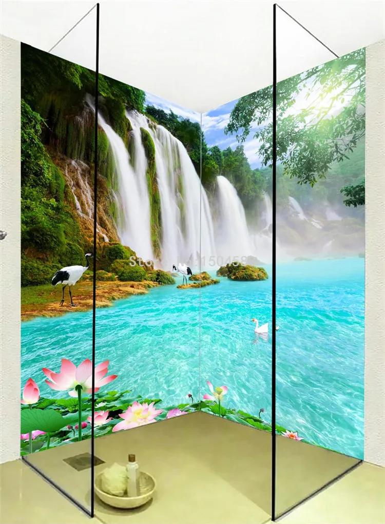 3D обои водопады Лотос озеро пейзаж фотообои настенные стикеры ванная комната ПВХ водонепроницаемый фон настенная живопись наклейка s
