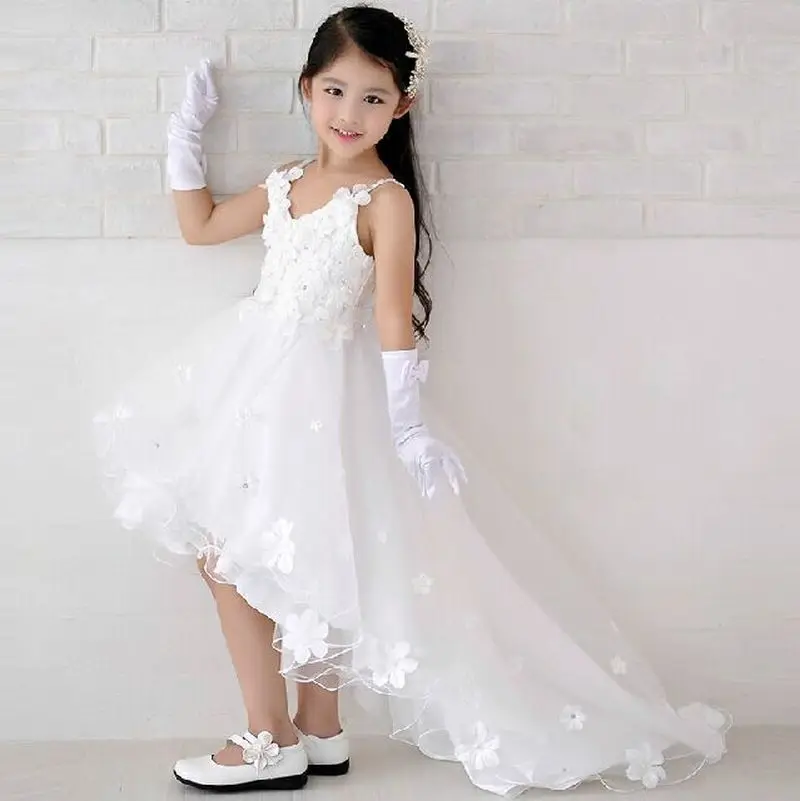 Children Short Front Long Back Wedding Dress with Flower Lace Train Prom White Kid Girl Formal Dresses Size 3 To 12 14 | Детская одежда