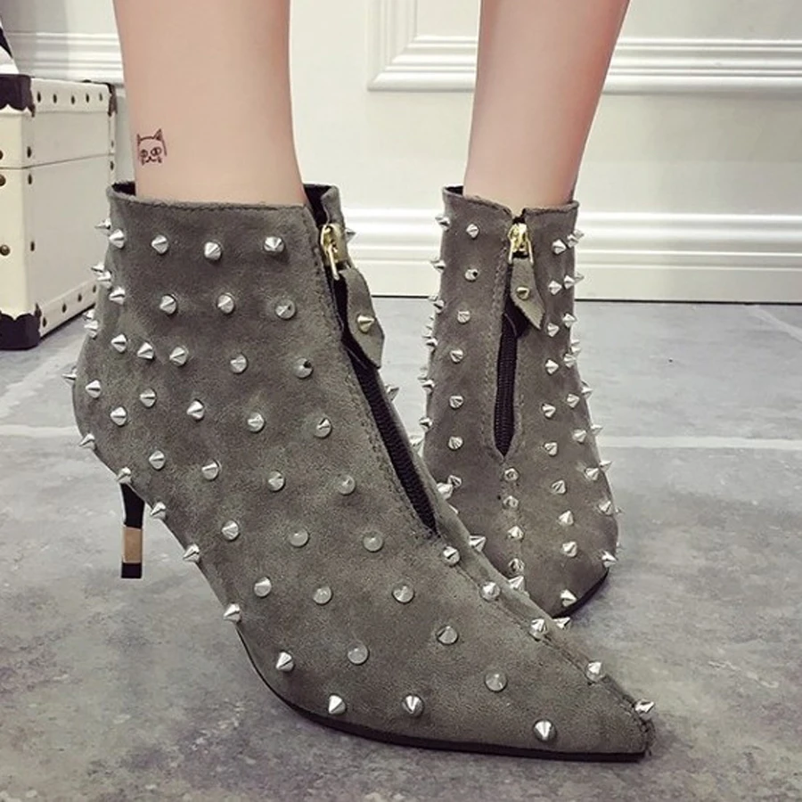 Панк Сапоги Серый Ботильоны Заклепки Черный Указал Женщин Конструктора обувь На