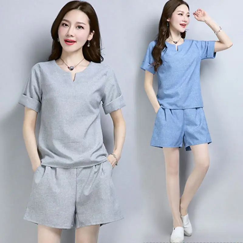 Летние хлопковые льняные спортивные костюмы из 2 предметов для женщин новинка 2018