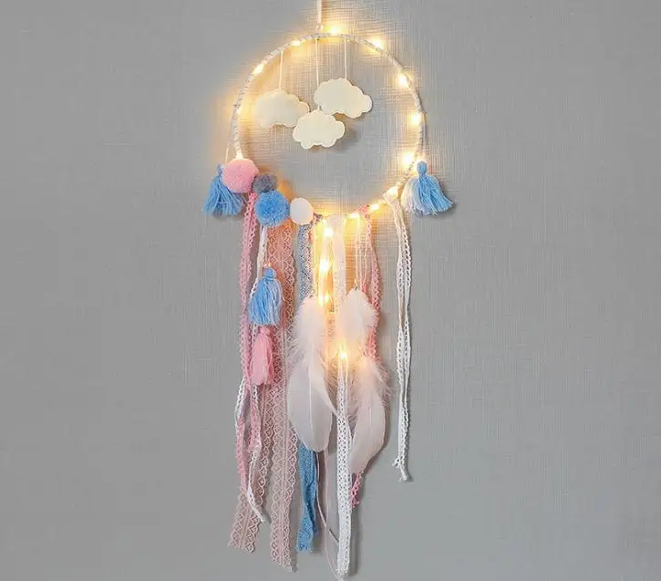 Ловец снов с облаком и помпоном и строку света Home Decor большой кружева Dream Catcher Kinderkamer Decoratie Детская комната украшения
