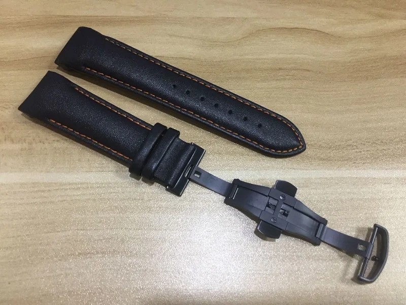 With Black Buckle 22 мм T035407A T035410 высокое качество серебряная бабочка пряжка оранжевый прошитый черный гладкий ремешок из натуральной кожи для T035 ремешок - Цвет ремешка: With Black Buckle