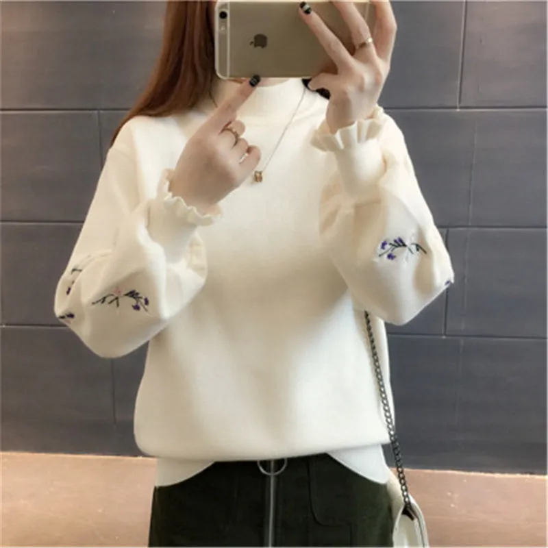 2018 Winter Pullover Sweater women Embroidery Knitting female Long sleeve Shrug Half Turtleneck Knitwear coat PZ522 | Женская одежда