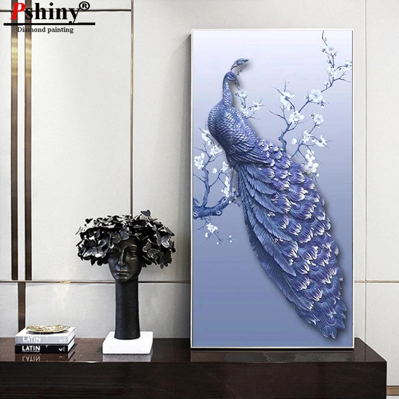 PSHINY DIY 5D Вышивка с бриллиантами картины изображением павлина из кристаллов