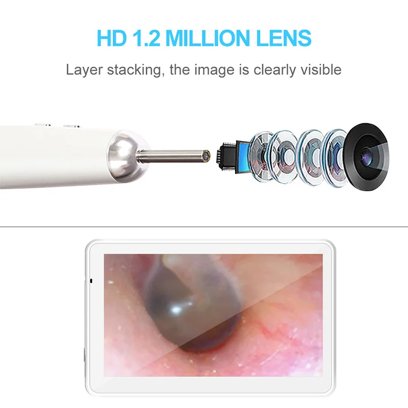 3.9ММ 1080P Эндоскоп для чистки ушей с 7-дюймовым ЖК-экраном, 6 регулируемыми светодиодными лампами и ложкой для удаления серы.