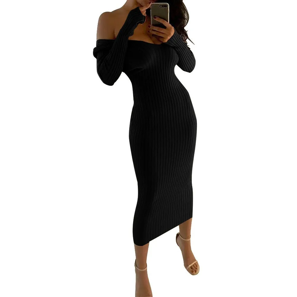 Женское трикотажное платье свитер с длинным рукавом и открытыми плечами|Женские