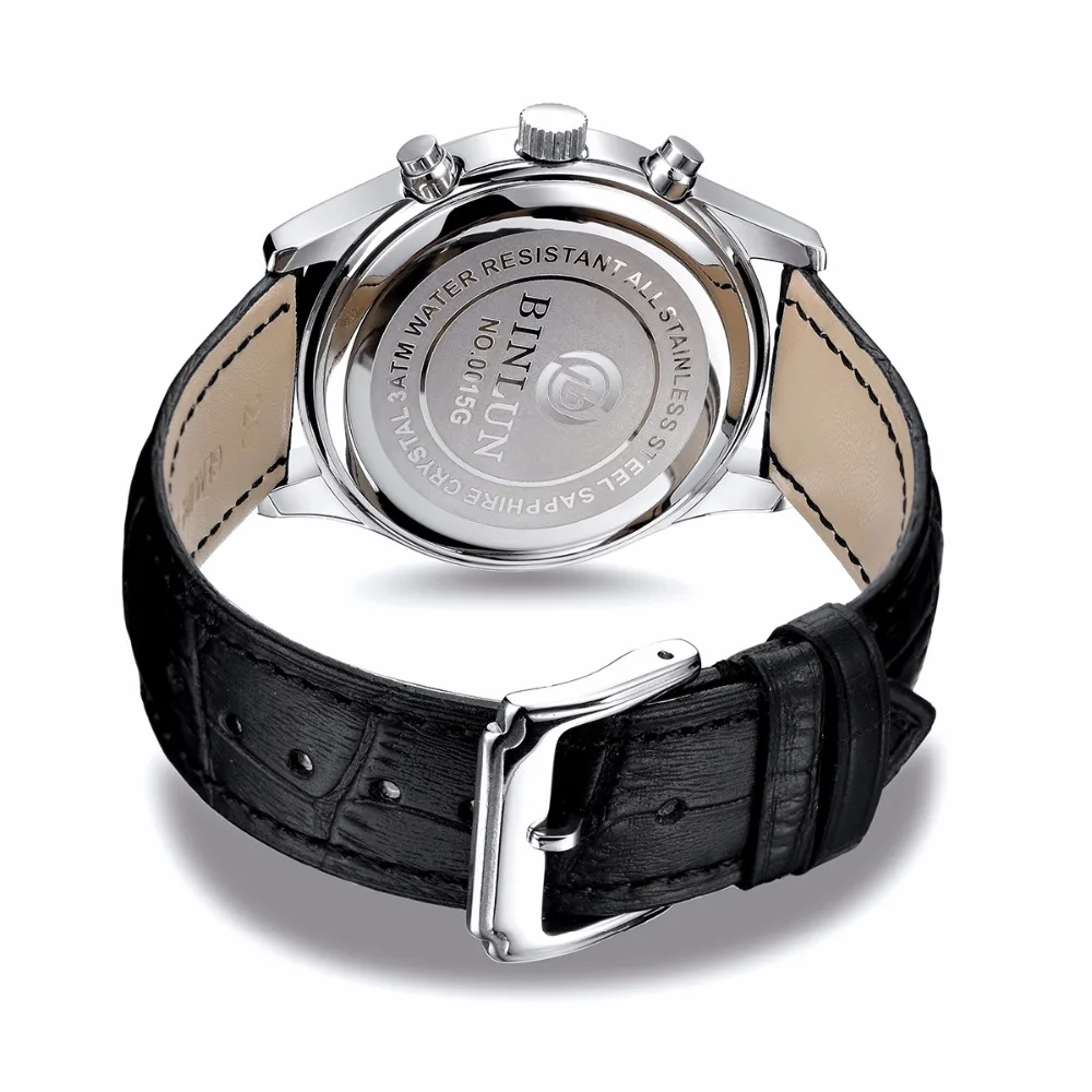 BINLUN мужские черные кварцевые часы из натуральной кожи многофункциональный