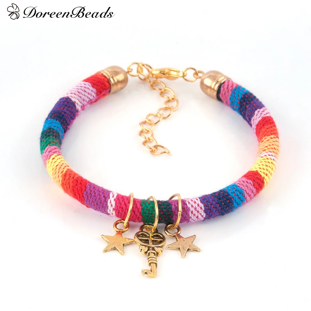 DoreenBeads Boho Chic браслеты хлопок шнур тусклый античный золотой цвет многоцветный сердце пентаграмма Звезда ключ 18 см длиной, 1 шт