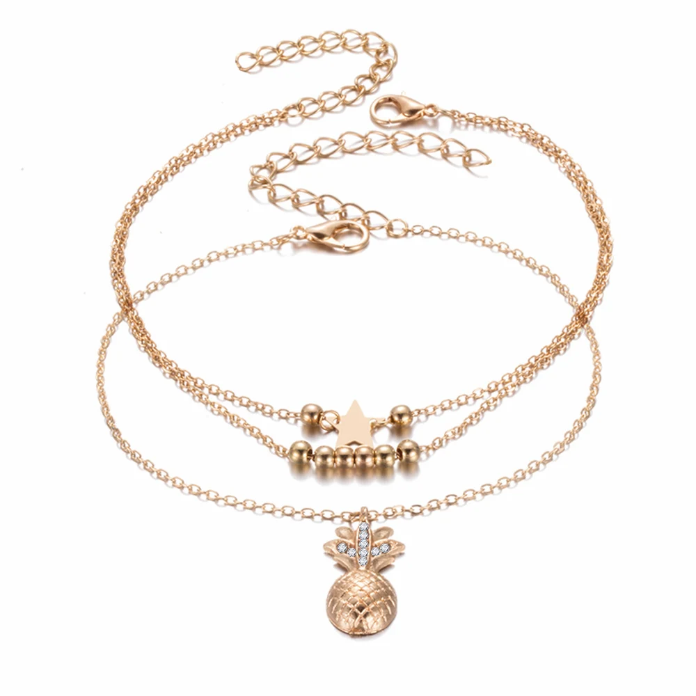 Gold Anklet Летние модные женские ножные браслеты из ананас из кристаллов; женские сандалии с открытым носком; женские браслеты с бусинами и цепочкой - Окраска металла: Gold Anklet