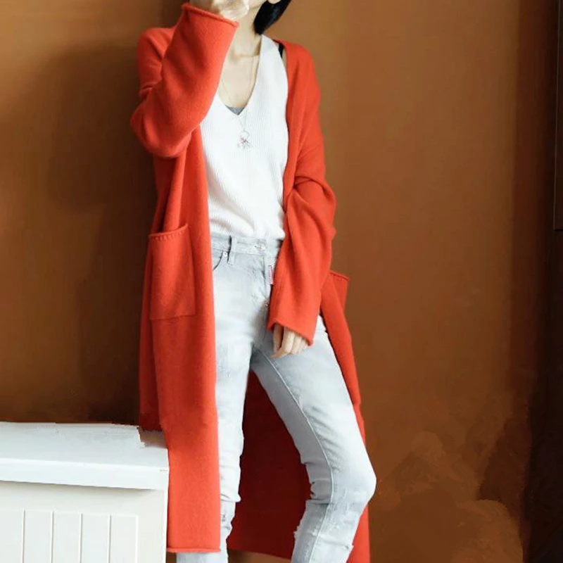 New fashion spring and autumn women's sweater cardigan long section design solid color simple loose knitted jacket cardi |