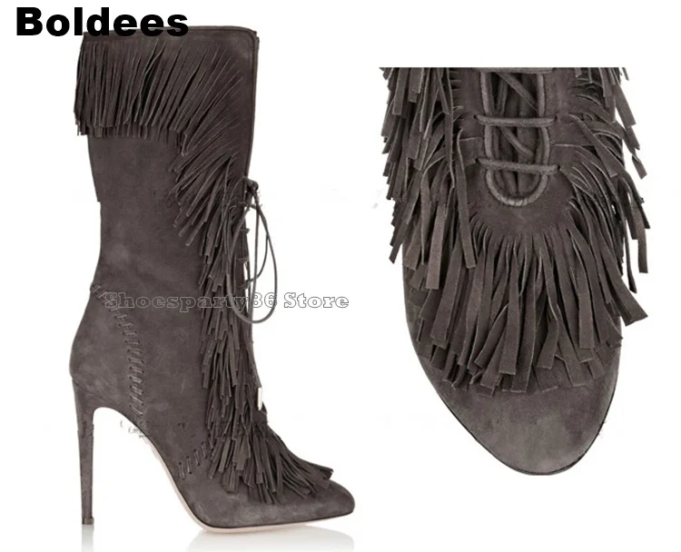 Fall Spring solid Suede grey color lace up fringed mid-calf boots pointed toe side zipper high heels tassels boots women booties