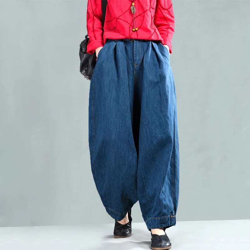 2019 New Women Loose Jeans Casual Denim Harem Pants Plus Size Elastic Waist Washed Trousers |