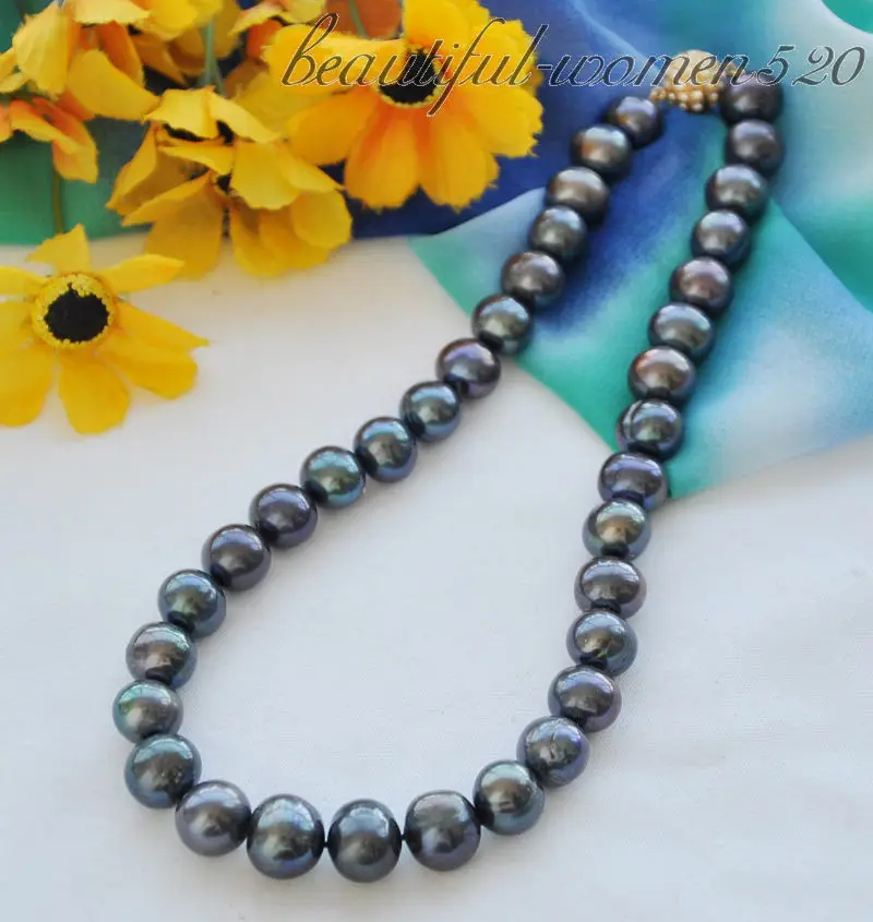 

Z4909 Big 15mm black round Freshwater cultured pearl necklace 17inch