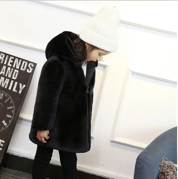 2019 Autumn Winter Warm Cotton Outerwear Teenage Kids Faux Fur Coat Casaco Inverno Hooded Zipper Black Overcoat XL429 | Детская одежда