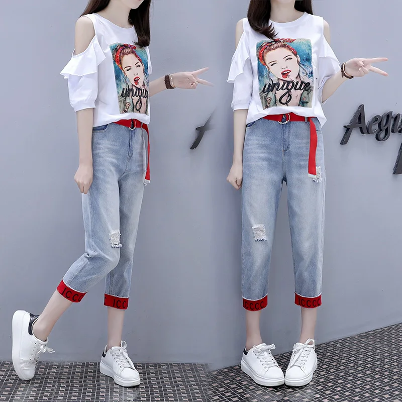 Женский джинсовый комплект из двух предметов с открытыми плечами свободные