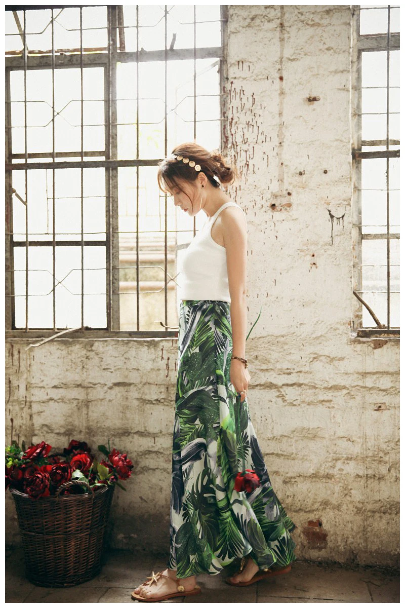 2018 Boho Leaf Print Chiffon Skirt for Women Summer Elastic Waist A-line Long Casual Clothing Vintage Big Hem Female | Женская одежда