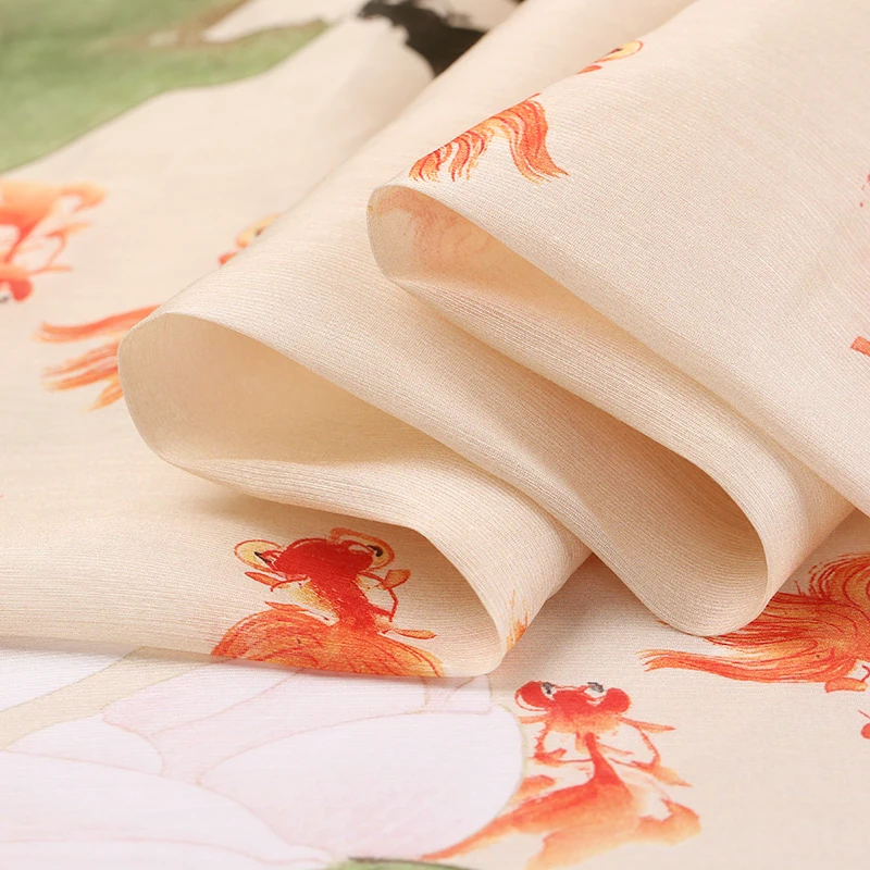 Рыба играть листья лотоса шелковая льняная ткань хрустящее платье для платья