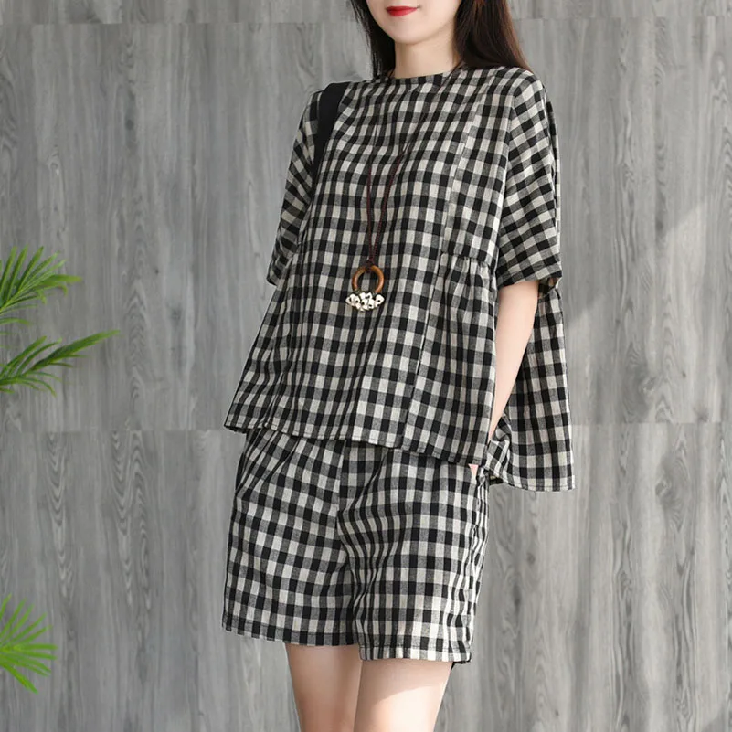 Summer Womens Cotton Linen Plaid Tops + Pants 2 Piece Set Female Blouse &amp Shorts Suit Plus Size Casual Office Lady Two |