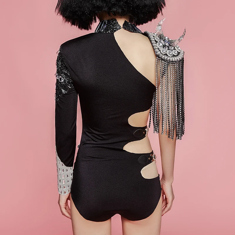 Glisten Rhinestones Tassel Single Sleeve Bodysuit Black Stretch Hollow Unique Women's Stage Wear Dancer Show Nightclub Costume |