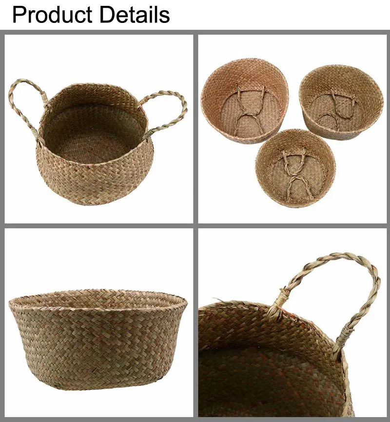 Hamdmake Flower Storage Basket pot Seagrass Rattan Laundry Basket Folding Woven Clothes Toy Sundries Home Storage Baskets
